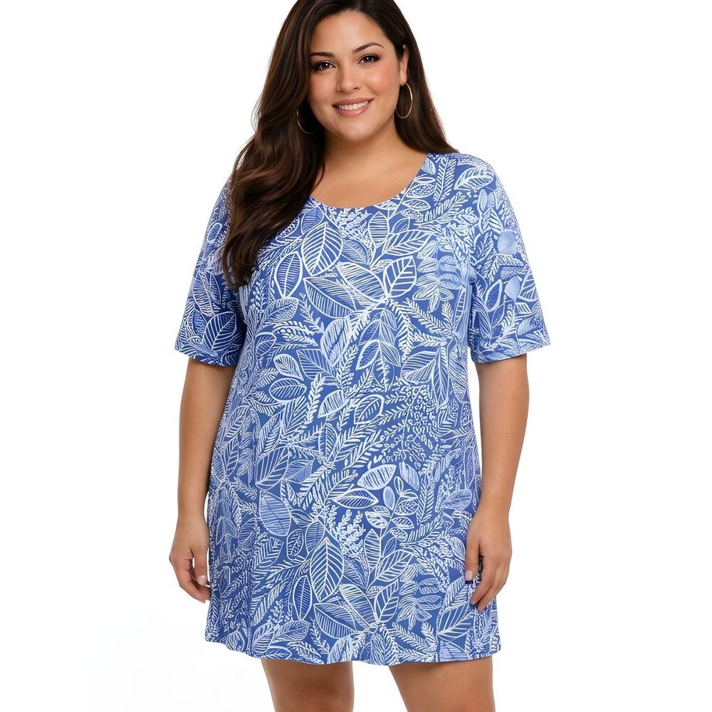 Ruby Rd. Blue & White Leaf Print Ladder-Cutout Sleeve Shift Dress Size 3X